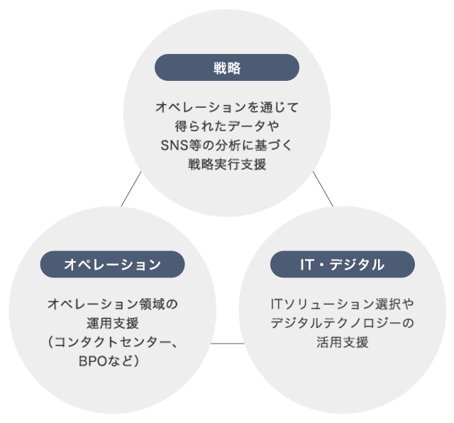 戦略:オペレーションを通じて得られたデータやSNS等の分析に基づく戦略実行支援 オペレーション:オペレーション領域の運用支援（コンタクトセンター、BPOなど） IT・デジタル:ITソリューション選択やデジタルテクノロジーの活用支援